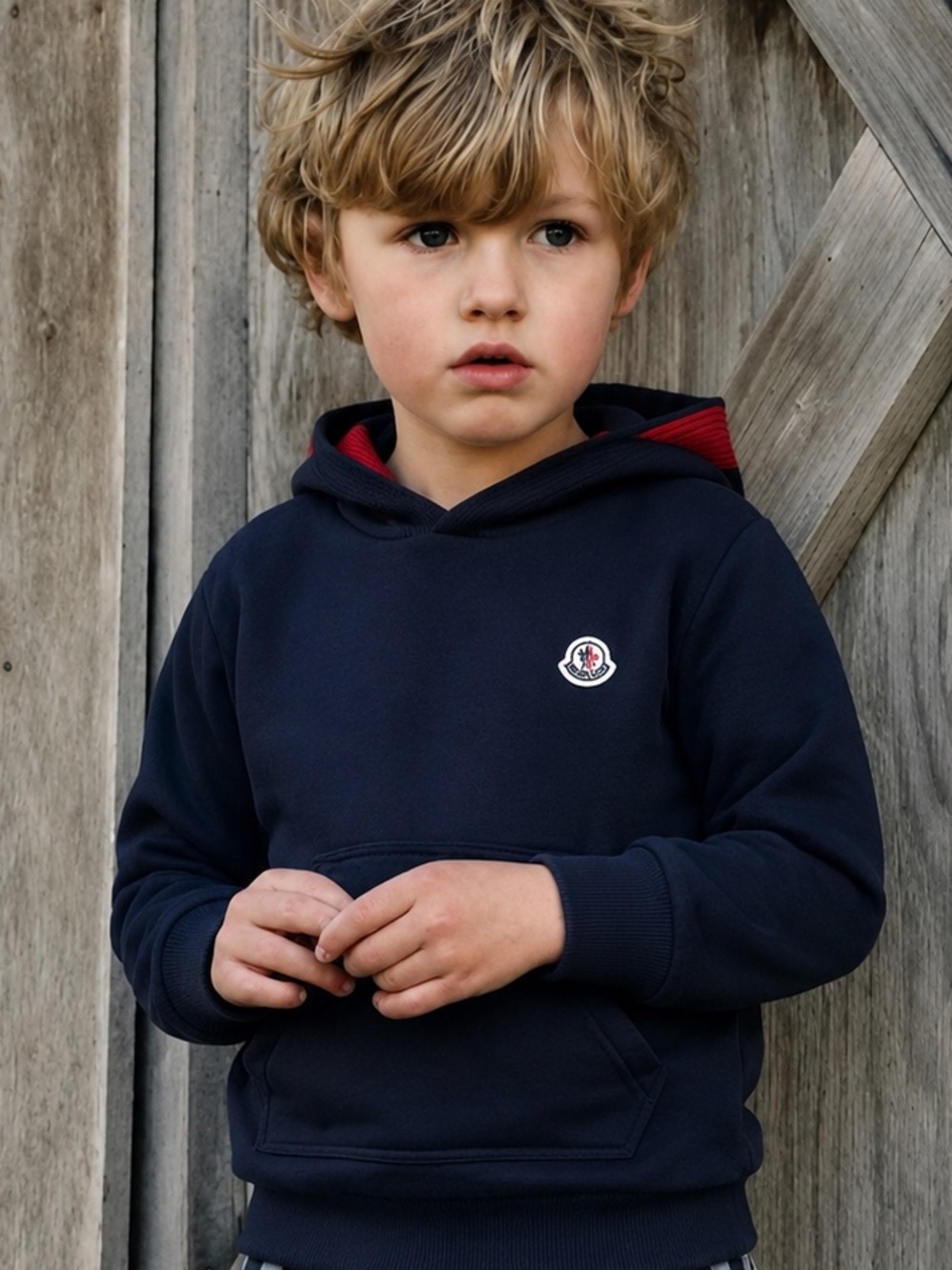 Moncler Enfant Hoodie Size 5 Navy Striped Hood Logo Pullover